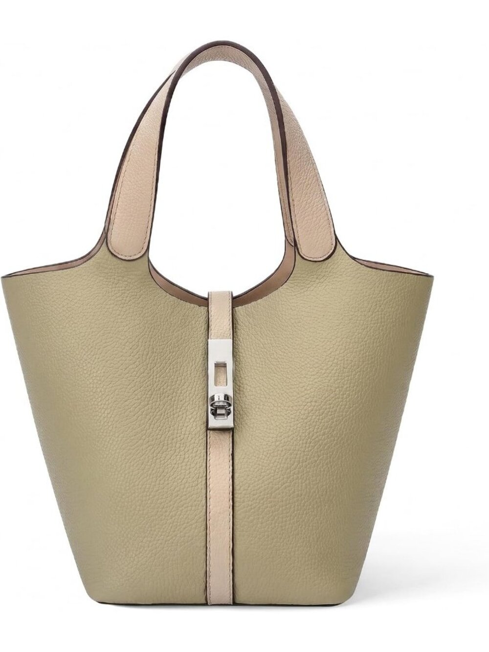 Women's Tan Vegan Leather Satchel Tote Handle Lock Design Bucket Purse